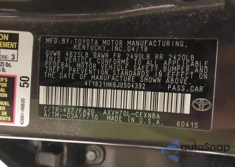 2018 Toyota Camry Hybrid Le z USA, uszkodzony, nr VIN 4T1B31HK6JU504392